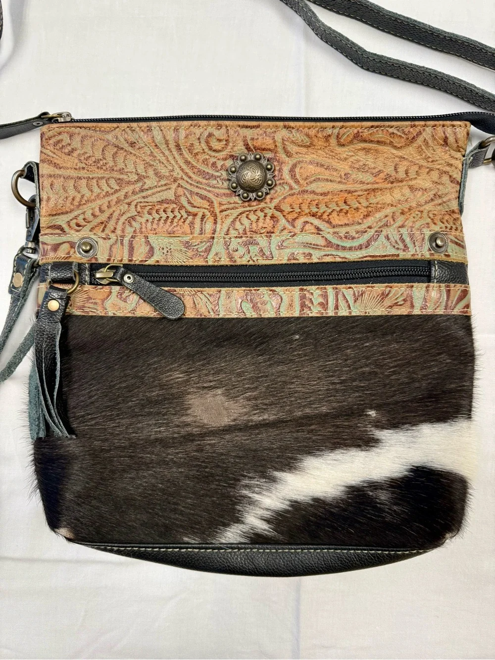 Myna Bag Hair On Hide Leather Crossbody Purse Boho Western Cowhide Black Tan - Picture 2 of 13